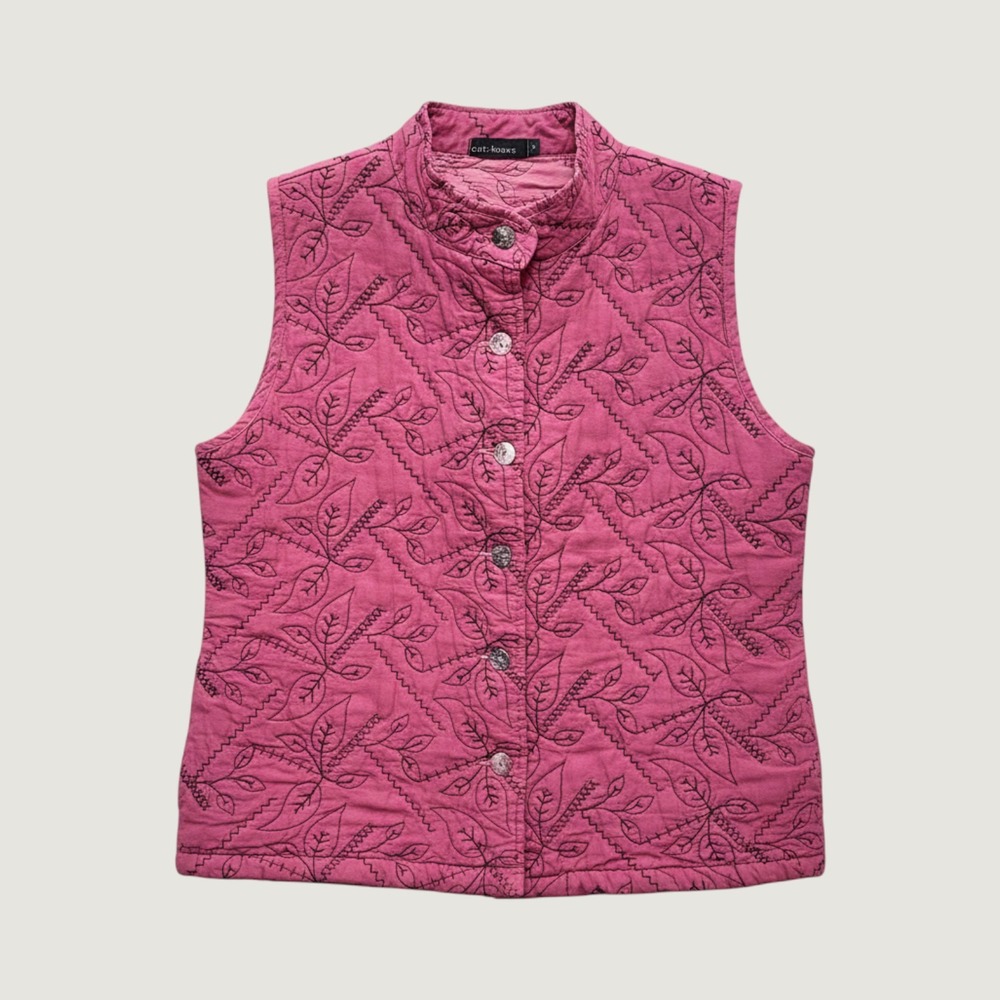 Cut Loose Berry Pink Quilted Embroidered Linen Tencel Vest Art to Wear USA XL